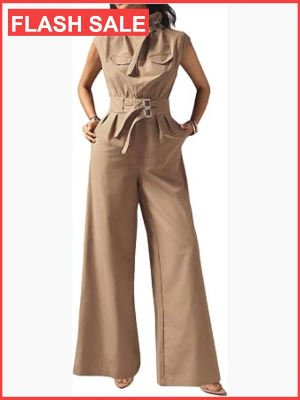 Sleeveless Mock Neck Belted Jumpsuit Baggy Wide Leg Long Romper with Pockets